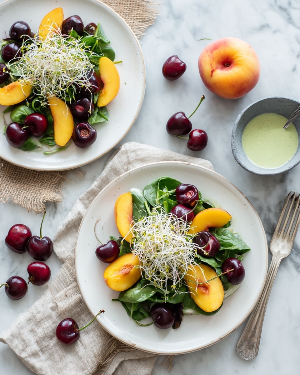 The image shows two white plates of salad on a white marbled surface with a piece of burlap under them. Each salad has a base layer of dark green leafy spinach, topped with a layer of thin, white sprouts spread across. On top of the sprouts, there are slices of bright yellow peach and halved dark red cherries placed evenly around the plate, with more halved cherries in the center of the salad. Nearby, a silver fork rests on the burlap next to a whole peach and scattered whole and halved cherries. To the right, a small gray bowl holds a light green dressing with a spoon inside it, placed on the same white marbled surface. Photo taken with an iphone --ar 4:5 --v 7