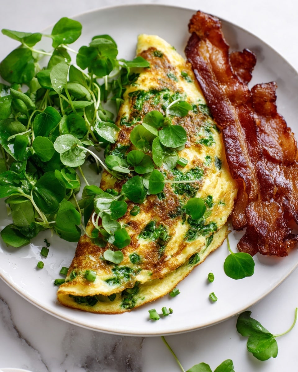 The image shows a close-up of a green omelette folded in half on a white plate, topped with fresh green watercress leaves and small chopped green herbs. Next to the omelette is a strip of crispy, reddish-brown bacon with a shiny, slightly oily texture. The plate sits on a white marbled surface, and a few watercress leaves lay loosely around the food, adding a fresh touch. Photo taken with an iphone --ar 4:5 --v 7