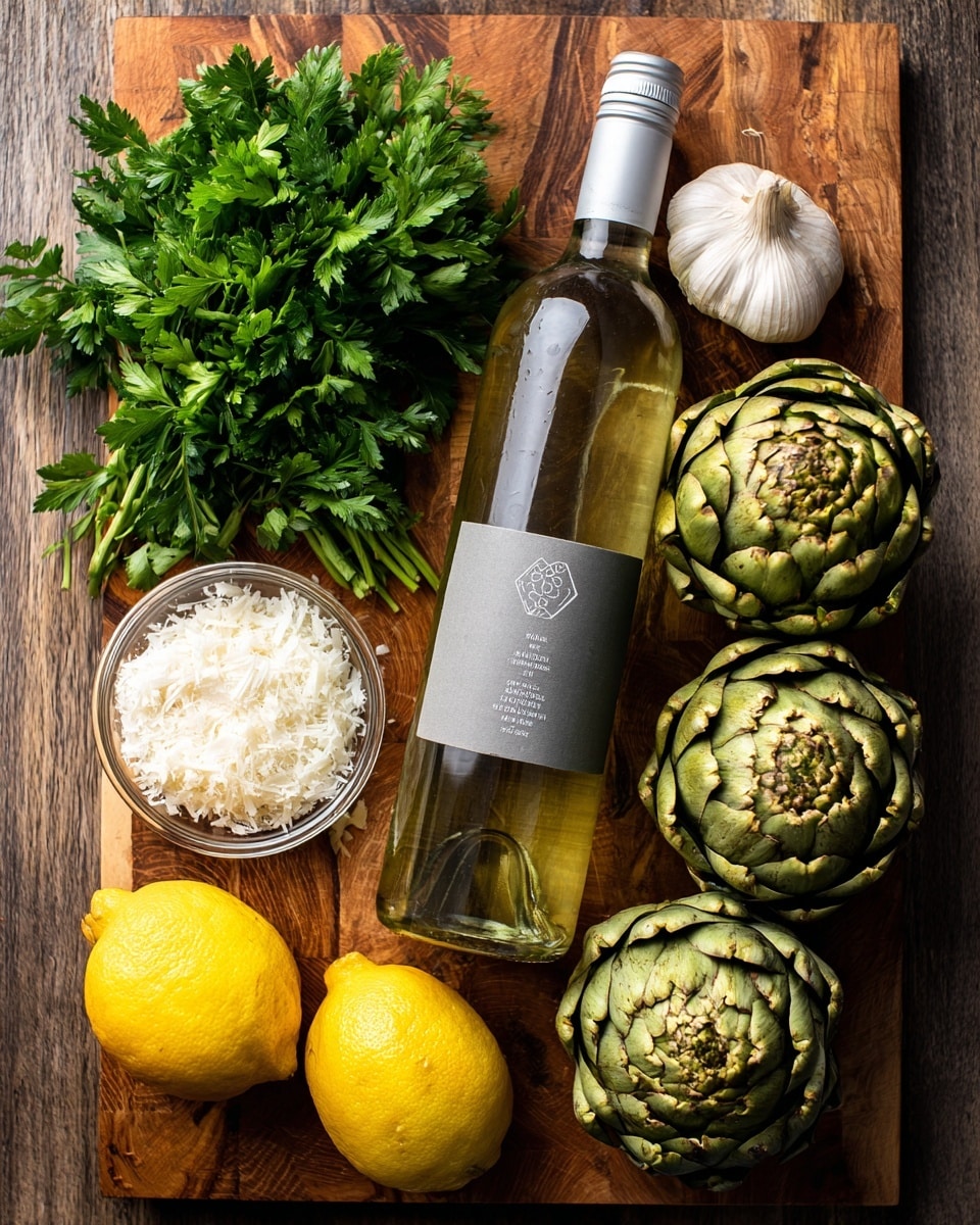 The image shows a wooden board with six ingredients neatly arranged: a bunch of fresh green parsley on the top left, a small clear glass bowl full of white grated cheese to its right, three large green artichokes stacked on the right side, a full bottle of white wine with a gray label and silver cap placed vertically in the center, a whole garlic bulb under the parsley, and two bright yellow lemons side by side at the bottom left. The texture is natural and fresh with vibrant greens and yellows against the brown wood. photo taken with an iphone --ar 4:5 --v 7