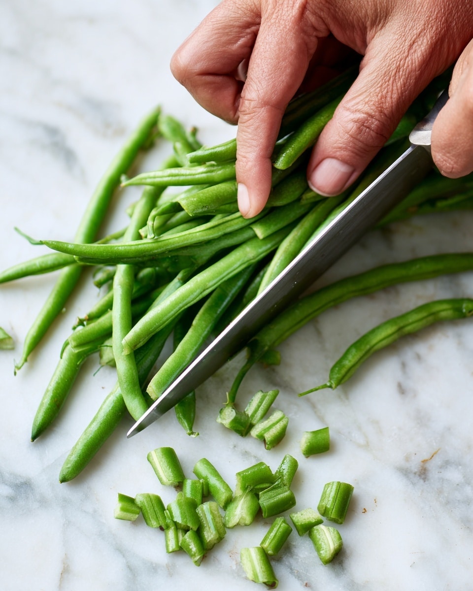 A close-up image shows a woman's hand holding a small bundle of green beans while a knife slices through them on a white marbled surface. The green beans are fresh and vibrant with a smooth texture, and several small cut pieces lay scattered around. The woman's fingers are gently gripping the beans, and the knife has a shiny, sharp blade positioned horizontally. Photo taken with an iphone --ar 4:5 --v 7