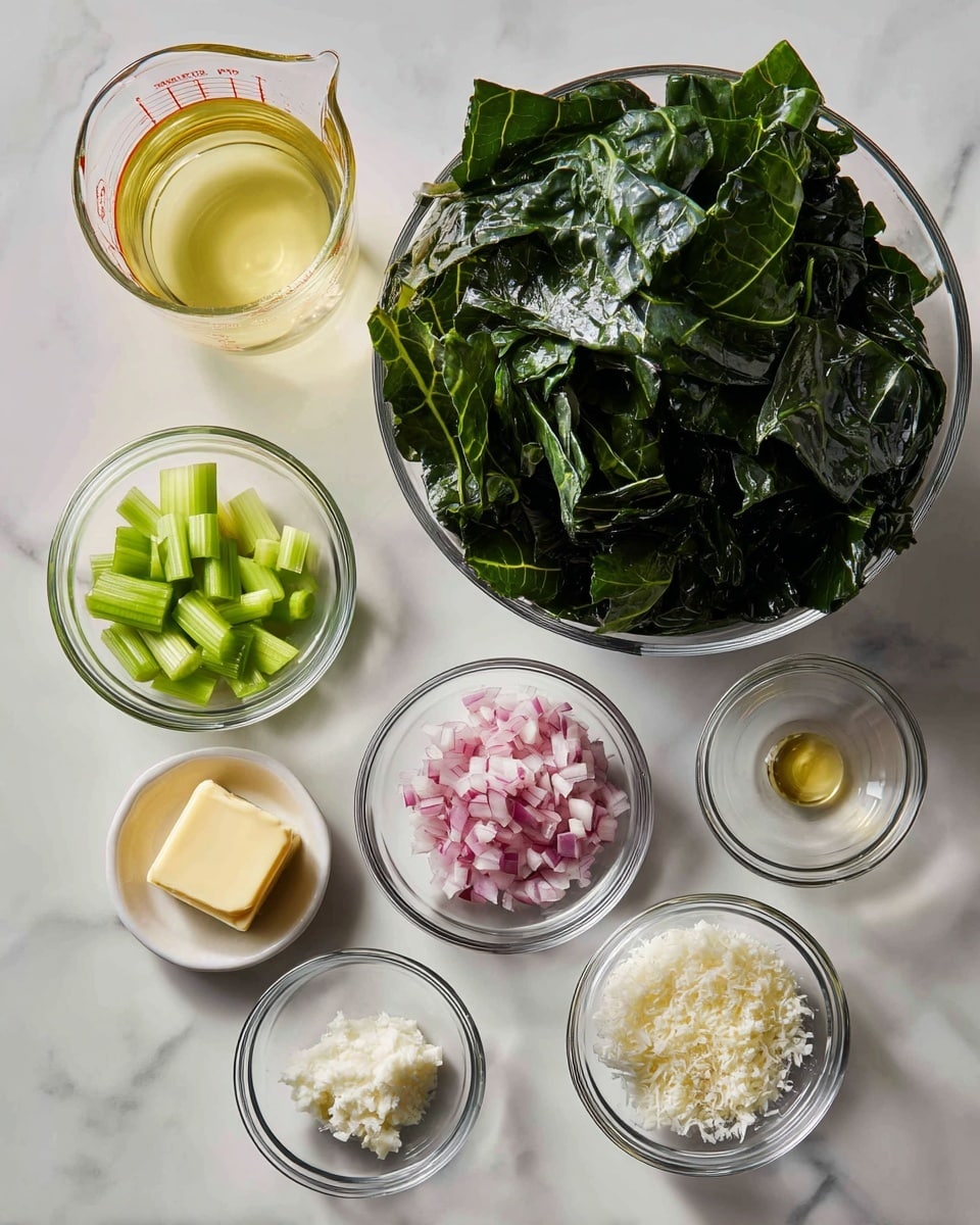 A clear glass bowl filled with fresh dark green leafy vegetables sits on a white marbled surface. Next to it are small clear glass bowls arranged in a neat layout: one with light green chopped celery with reddish stems, one with finely chopped white garlic, one with a small block of pale yellow butter, one filled with coarse white salt, one containing finely diced red onion, one with a shiny yellow oil, one with a small pile of white grated cheese, and a small bowl of clear liquid. Above these bowls is a glass measuring cup with a pale yellow liquid inside. The whole setting is clean and bright, showing fresh ingredients ready for cooking photo taken with an iphone --ar 4:5 --v 7