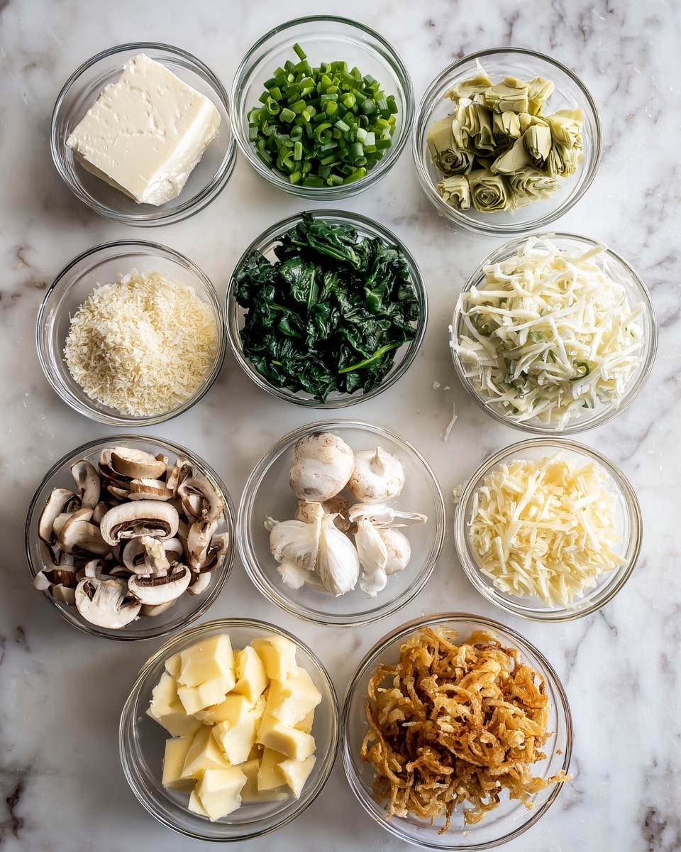 The image shows a white marbled surface with twelve small clear glass bowls arranged in a loose grid. The bowls contain different ingredients: in the top row from left to right, a block of cream cheese, chopped green onions, breadcrumbs, and clear liquid; the second row features chopped artichokes, frozen spinach, whole garlic cloves, and shredded mozzarella cheese; the third row includes sliced mushrooms, grated Parmesan cheese, a creamy yellow sauce, and cubed butter; the bottom row shows sour cream and crispy fried onions. The colors range from white to green and light brown tones, with varied textures like creamy, leafy, and crunchy. photo taken with an iphone --ar 4:5 --v 7