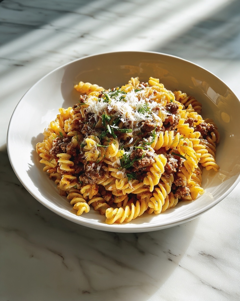 A close-up of a stainless steel pan filled with a mix of spiral pasta and browned ground meat, scattered with small green herb pieces and thin, light-colored slices of onion mixed evenly throughout. The pasta is a light yellow color with a smooth texture, and the meat is crumbly with a browned, slightly rough surface. The pan sits on a black electric stovetop with white and blue buttons and display. The background is a white marbled surface. photo taken with an iphone --ar 4:5 --v 7