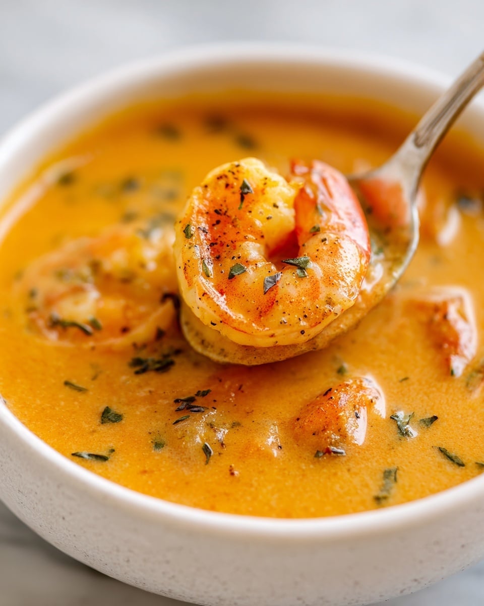 A close-up view of a white bowl filled with a thick, creamy orange soup with small chunks and flecks of green herbs on top. A fork is lifting a single cooked shrimp from the soup, showing its light pink and orange color with a slightly curved shape and a light sheen. The shrimp has a few black pepper specks and some green herbs on it. The white marbled surface underneath adds a clean look to the scene. Photo taken with an iphone --ar 4:5 --v 7