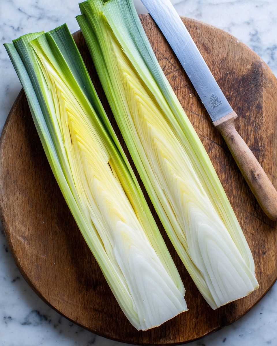 The image shows two long pieces of leek sliced in half lengthwise, laid side by side on a round wooden cutting board. Each leek half displays many thin, smooth layers with a color gradient from light green on the outer layers to pale yellow and almost white in the center. The layers are tightly packed with natural curved lines and ridges visible inside. Above the leeks, there is a large knife with a wooden handle resting on the cutting board. The background is a white marbled texture. photo taken with an iphone --ar 4:5 --v 7