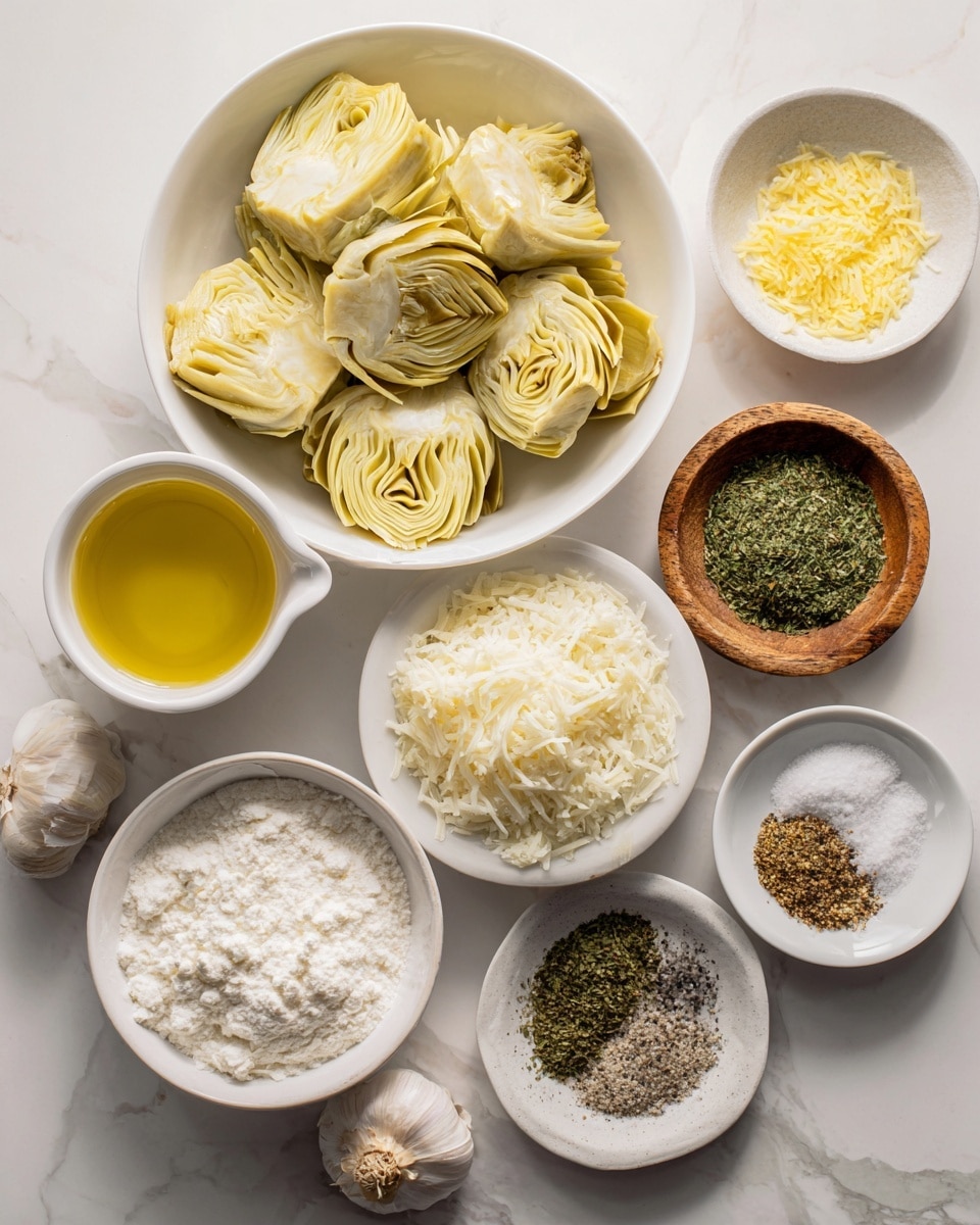 A top-down view of various cooking ingredients laid out on a white marbled surface, featuring a large white bowl filled with several pale yellow artichoke hearts arranged in layers, a medium white bowl full of finely shredded white cheese, and a medium white cup holding golden olive oil. Surrounding these are smaller white bowls containing white flour, minced garlic, chopped green herbs, finely grated yellow lemon zest, and a smooth pale cream sauce. A small rustic wooden bowl contains coarse salt, and a small white plate shows a mix of spices including ground black pepper, salt, garlic powder, and green dried herbs, all arranged neatly. Photo taken with an iphone --ar 4:5 --v 7