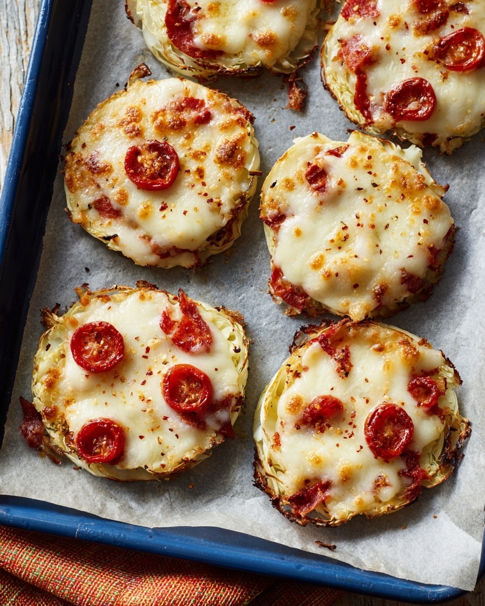 The dish shows a single round layer of roasted cabbage as the base, with its edges browned and slightly crispy. On top there is a thick, melted white layer of cheese with small melted spots and sprinkled with herbs. Scattered evenly across the cheese are small round slices of pepperoni, some with a slight crispy edge and darker red color. The cabbage leaves underneath appear soft with light golden and brown spots, and the whole piece rests on a flat sheet of parchment paper on a blue tray. Photo taken with an iphone --ar 4:5 --v 7
