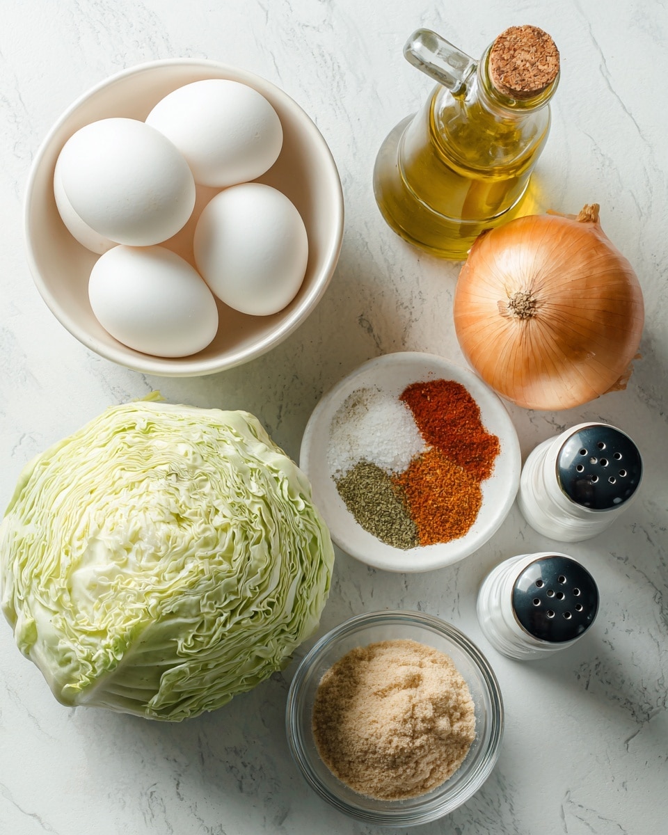 The image shows several cooking ingredients arranged neatly on a white marbled surface. There is a large round light green cabbage placed at the bottom left. Above it, there is a white bowl filled with four white eggs. Next to the cabbage on the right side, there is a whole light brown onion. To the right of the onion, there is a small white bowl with three piles of spices: green, orange-red, and beige. Below the spice bowl, there is a clear glass bowl filled with a light brown powdery ingredient. At the bottom right, there are two shakers: a black one for pepper and a white one for salt. Above the shakers, there is a small clear bottle of olive oil with a cork stopper. The image is bright and clean with all items spaced evenly. photo taken with an iphone --ar 4:5 --v 7