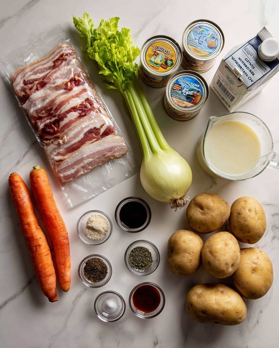The image shows raw ingredients neatly laid out on a white marbled surface. There is a package of raw bacon slices on the left, next to two orange carrots and a stalk of celery with its green leaves trimmed. A yellow onion sits near the middle, with two cans of chopped clams stacked on top of each other beside it. In front of the onion and clams are small clear bowls filled with black pepper, dried herbs, salt, flour, soy sauce, and hot sauce. Four medium-sized potatoes with light brown skin are arranged together on the right side. A carton of creamy milk is placed behind the potatoes, and a clear measuring cup filled with a light yellow liquid, likely broth, is near the back. The scene is well lit and organized. photo taken with an iphone --ar 4:5 --v 7