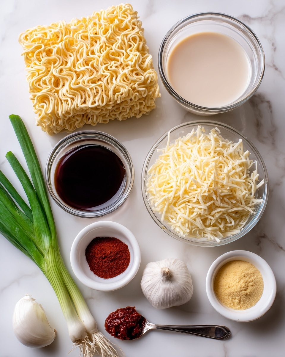 The image shows ingredients arranged on a white marbled surface. At the top left, there is a block of dry instant noodles with a pale yellow color and wavy texture. Next to it is a glass bowl filled with light beige milk. Below the noodles, on the left side, sits a white bowl holding dark brown soy sauce. To its right is another glass bowl containing a large pile of finely shredded pale yellow cheese. Above this is a white bowl with two piles of powder, one dark red and one mustard yellow. To the right, a white bowl holds a light yellow powder. In front of these bowls, a spoon with red paste rests on the surface. Below the spoon is a single green onion with roots and dark green leaves extending to the left. A small white garlic clove lies between the spoon and cheese bowl. The photo taken with an iphone --ar 4:5 --v 7