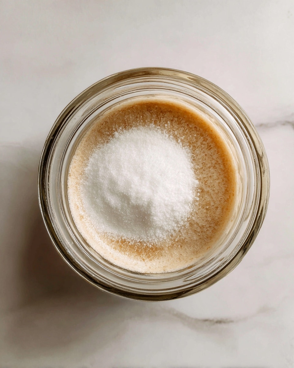 A clear glass jar viewed from above shows two layers inside: the bottom layer is a light tan liquid with a smooth, slightly cloudy texture, while the top layer is a bright white, powdery substance placed in a rounded mound in the center. The jar rests on a white marbled surface with subtle grey veins. photo taken with an iphone --ar 4:5 --v 7
