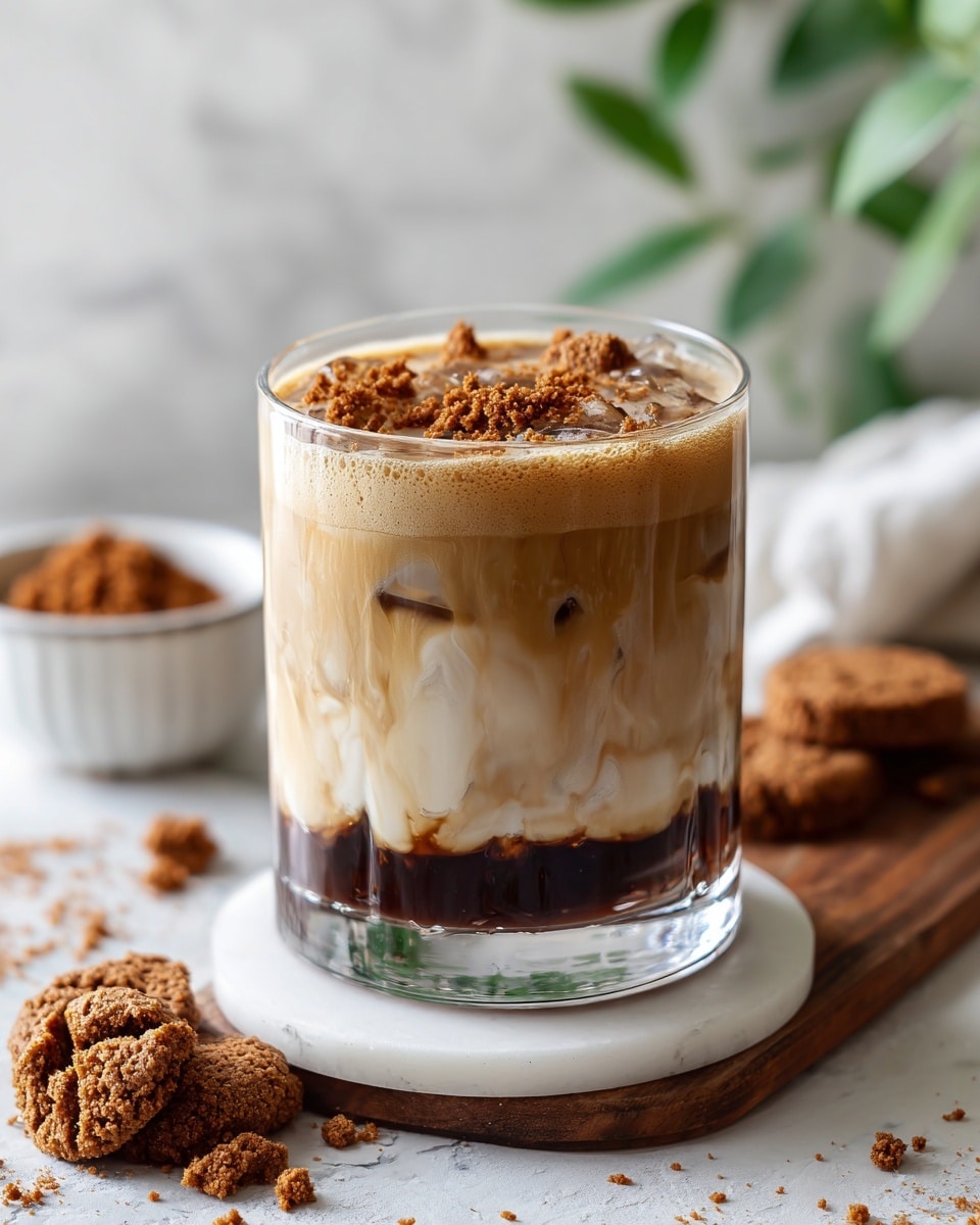 A clear glass filled with ice and a mix of white milk and dark coffee forming a marbled swirl effect with three visible color layers: dark brown at the bottom, creamy white in the middle, and a light brown frothy cream being poured from a woman's hand above, creating a thick wave over the top. The glass sits on a white round coaster placed on a wooden board, surrounded by crumbled brown cookie crumbs and two whole rectangular brown cookies. In the background, slightly blurred, is a white ceramic jug and some green leaves, all set on a white marbled surface photo taken with an iphone --ar 4:5 --v 7
