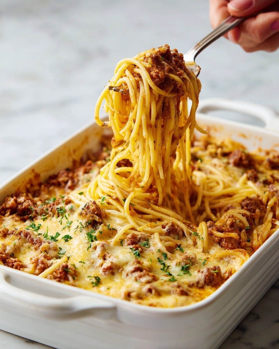 A close-up shows a white square baking dish filled with layered spaghetti mixed with a brown sauce and small bits of meat all through. The top layer has thick, pale yellow spaghetti strands twisted together with bits of brown meat and sauce clinging to them. A silver fork held by a woman's hand lifts a tangled bunch of spaghetti from the dish, showing the creamy texture and the mix of meat and noodles clearly. The background and surface are a soft white marbled texture, keeping focus on the warm pasta. Photo taken with an iphone --ar 4:5 --v 7