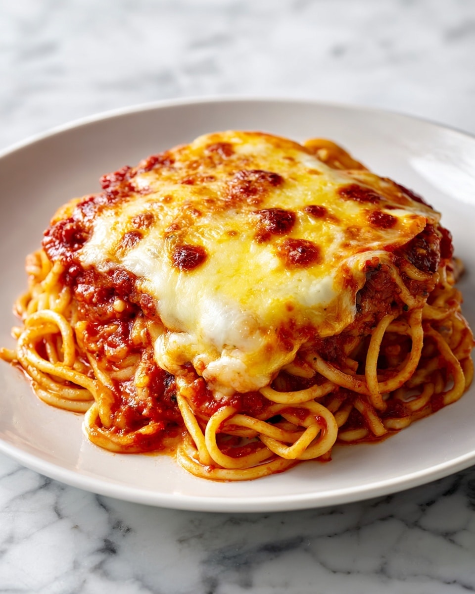 A serving of spaghetti is covered with red tomato sauce and melted yellow cheese on top, creating one thick layer of cheese with slightly crispy browned spots. The spaghetti noodles underneath are thick and tangled, coated in the sauce that peeks through the cheese. The dish is placed on a white plate with a shiny smooth surface, all set on a white marbled background. photo taken with an iphone --ar 4:5 --v 7