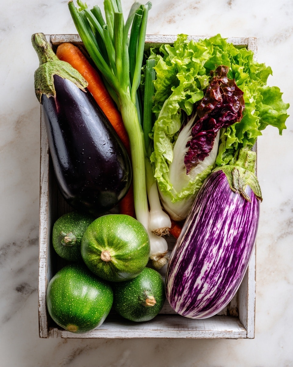 The image shows a white drawer filled with fresh vegetables on a white marbled surface. Inside, there is one dark purple eggplant, one bright purple striped eggplant, some green spring onions with white ends, a bunch of green leafy lettuce with red edges, two round green zucchinis, and one orange carrot partially visible behind the vegetables. The vegetables are arranged close together with different colors and textures creating a natural and fresh look. Photo taken with an iphone --ar 4:5 --v 7
