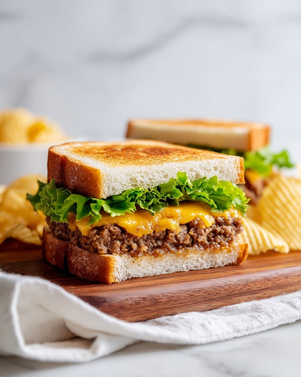 The image shows a thick sandwich cut in half, placed on a wooden board. Each sandwich has three main layers: the top layer is toasted white bread with a golden-brown crust, the middle is a thick, textured brown meat patty, and the bottom layer consists of fresh green lettuce on more toasted white bread. There is a slice of melted bright orange cheese between the bread and meat layer. In the background, there are some light yellow and ridged potato chips and a white cloth on a white marbled surface. Photo taken with an iphone --ar 4:5 --v 7