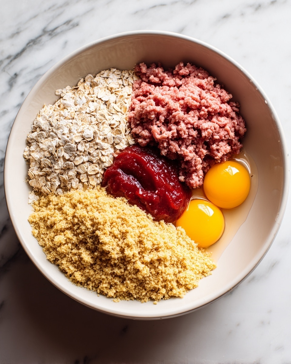 In a large white bowl, there are five main layers placed side by side: on the left, a layer of light beige oats with a rough texture; next to it, a thick, smooth layer of dark red ketchup; to the right of the ketchup, a raw ground meat layer that is pink and crumbly; below the oats and meat, a large mound of yellowish breadcrumb crumbs with a grainy texture; finally, on the far right, two raw eggs with bright yellow yolks surrounded by clear egg whites. The bowl sits on a white marbled surface. photo taken with an iphone --ar 4:5 --v 7