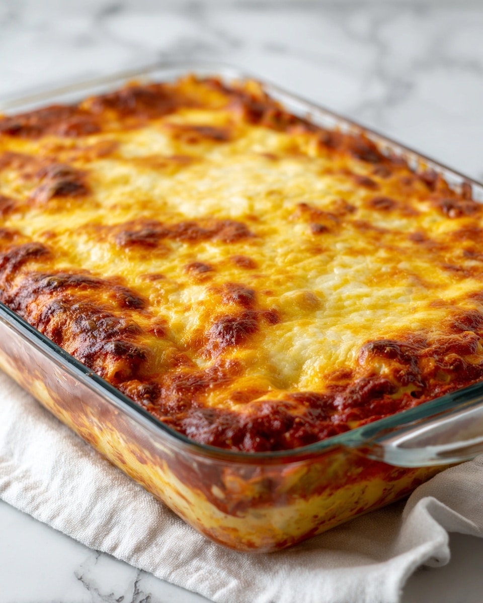 A glass baking dish filled with a baked pasta casserole showing two main layers: the bottom layer is a rich red tomato sauce mixed with pasta, visible through the glass sides, while the top layer is a thick, melted cheese crust that is golden yellow and slightly bubbly with a smooth texture. The dish is placed on a white cloth with a white marbled surface underneath. Photo taken with an iphone --ar 4:5 --v 7