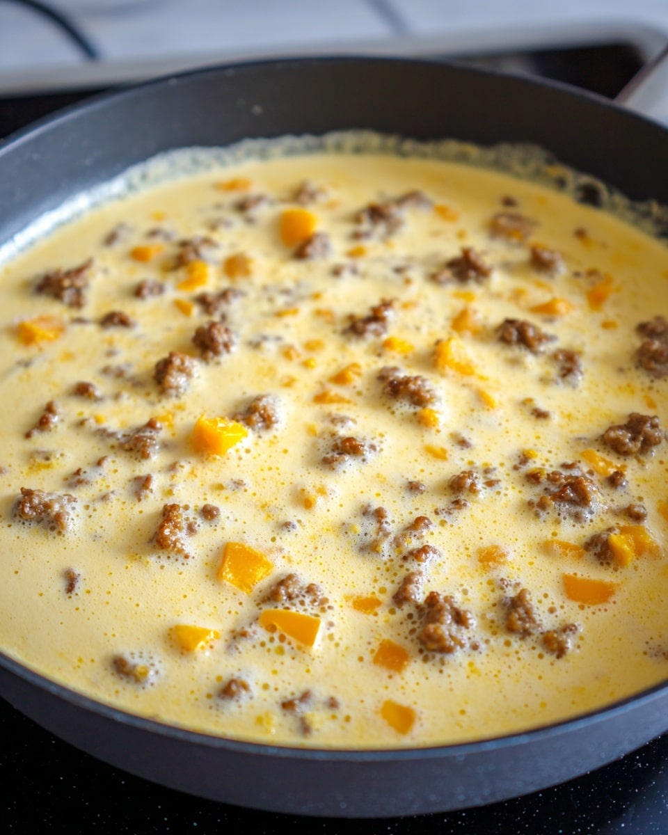 A black cast iron pan filled with a creamy yellow mixture that appears to be eggs, scattered with small brown ground meat pieces and diced orange cheese cubes evenly spread throughout. The texture is smooth with some visible air bubbles forming on the surface, and the pan rests on a black stovetop. The overall look is a mix of soft yellow, brown, and orange colors blending in the mixture. photo taken with an iphone --ar 4:5 --v 7
