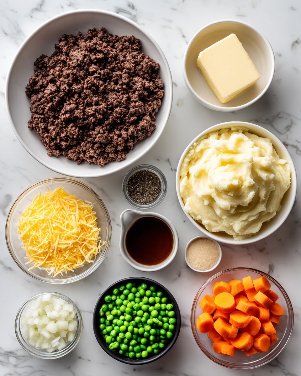The image shows several bowls and small containers on a white marbled surface arranged in a rough circle. The largest white bowl in the center holds dark brown cooked ground meat with a crumbly texture. To its right, a medium white bowl is filled with smooth, creamy mashed potatoes. Below the mashed potatoes, another white bowl holds bright green peas, small and round. To the left of the peas, a small black bowl contains grated cheese, yellowish and fine. Near the cheese, there is a glass bowl with small white cubes of chopped onions and a small round container with mixed black and white seasoning. On the opposite side, an orange bowl contains bright orange, crinkle-cut carrot slices. Near the carrots, a small clear bowl holds a square piece of pale yellow butter. There is also a dark cup holding light brown broth, a small white bowl with thick white sour cream, a small glass bowl with yellow mustard, a clear bowl with red ketchup, and a tiny bowl with minced yellow garlic. Each item is spaced neatly, creating an organized setup of cooking ingredients. Photo taken with an iphone --ar 4:5 --v 7