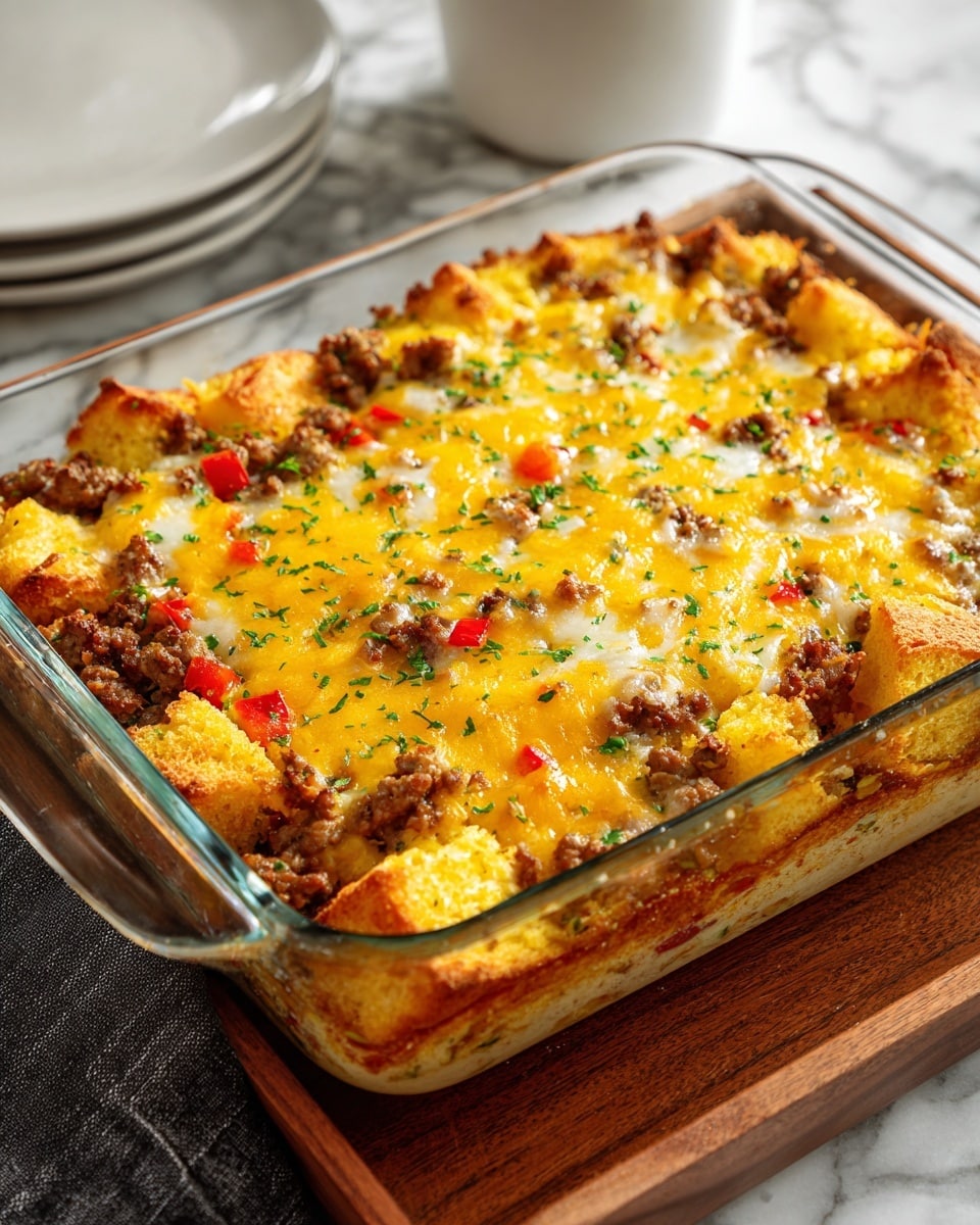 A square slice of casserole with three clear layers sits on a white plate. The bottom layer is light yellow and crumbly, looking like soft cornmeal. The middle layer contains green leaves and small pieces of red pepper mixed inside, creating a colorful mix. The top layer is golden brown melted cheese with browned bits in places, some sausage pieces and small red pepper chunks, giving a slightly crispy look. The plate rests on a dark blue cloth with a fork placed behind the casserole slice. In the back, there is a glass dish slightly blurred with more casserole. The surface below is white with a marbled texture. Photo taken with an iphone --ar 4:5 --v 7