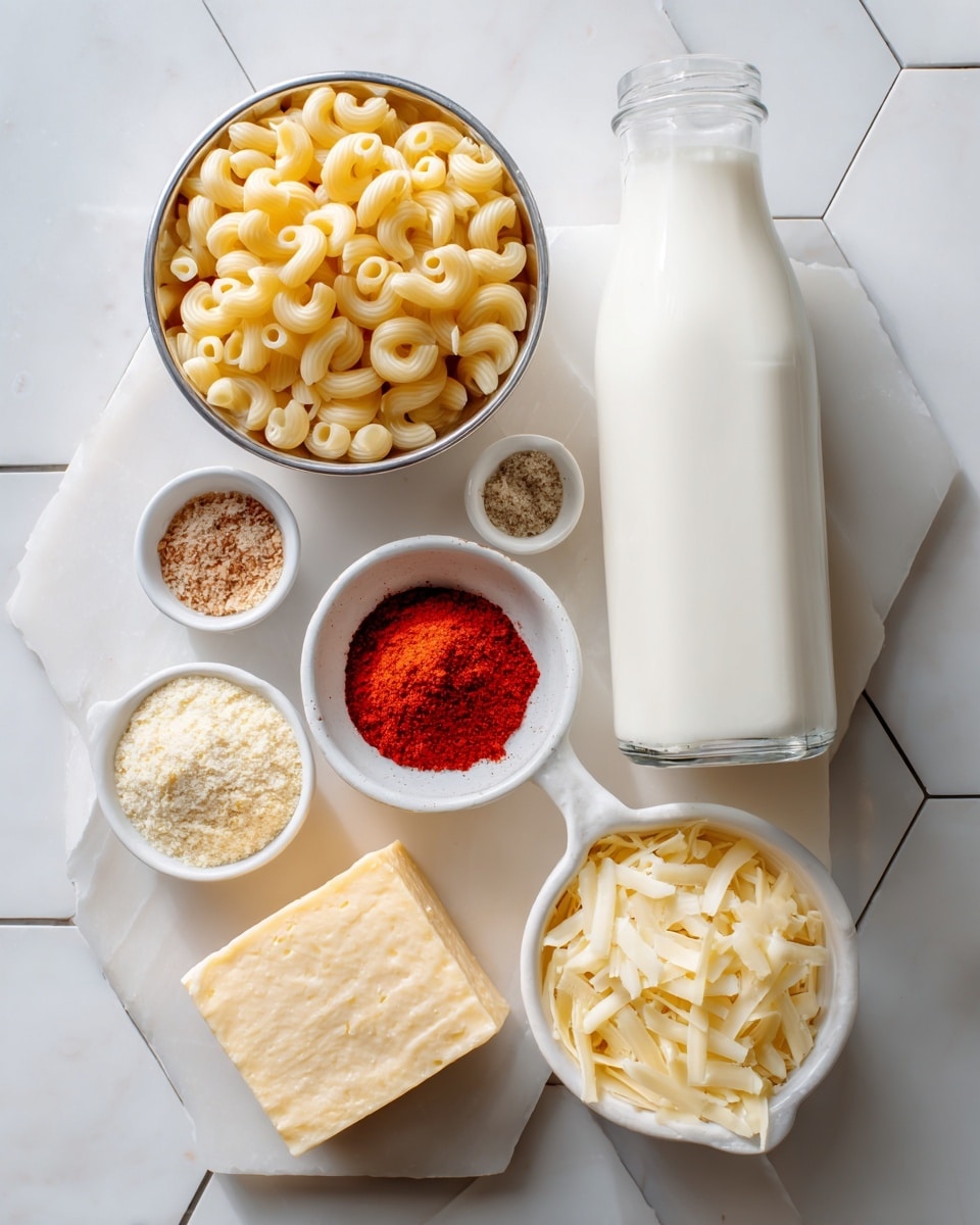 The image shows several ingredients for a recipe arranged on a white marbled surface. On the left side, there is a silver metal bowl filled with uncooked elbow macaroni, which is pale yellow and smooth. Next to it is a tall glass bottle filled with white milk. On the right side, there are small white bowls and a white measuring cup with different ingredients: one bowl has bright red powder, another contains light brown powder, a smaller white dish holds a small amount of darker brown spice, and the measuring cup is full of pale yellow breadcrumbs. There is a chunk of pale yellow butter, a block of white and orange marbled cheese, a block of yellow cheese, and a white bowl filled with thin slices of pale yellow cheese shavings. Everything is positioned close together, all on the white marbled hexagon-tiled surface. photo taken with an iphone --ar 4:5 --v 7