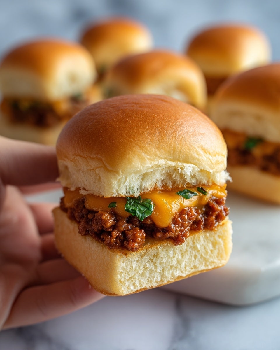 A close-up of a small sandwich held by a woman's hand shows a soft, shiny, golden brown top bun with a fluffy, light inside. Below it is a thin layer of melted orange cheese mixed with fresh green herbs. Under the cheese is a thick, juicy brown beef patty with a slightly crumbly texture. The bottom bun is soft and golden, similar to the top, with a light, airy texture. In the blurry background, several more small sandwiches sit on a white marbled surface. photo taken with an iphone --ar 4:5 --v 7