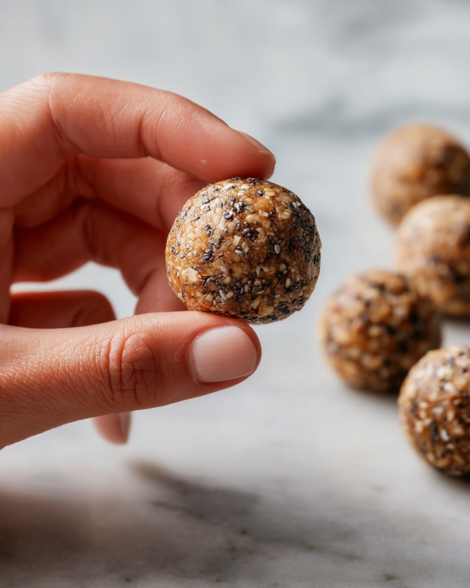 A close-up of a small round energy ball with a chewy texture, packed with visible tiny oats and dark specks inside, held between a woman's thumb and forefinger, with a soft, light brown color and shiny surface. In the blurred background, there are more of the same energy balls placed on a white marbled surface. Photo taken with an iphone --ar 4:5 --v 7