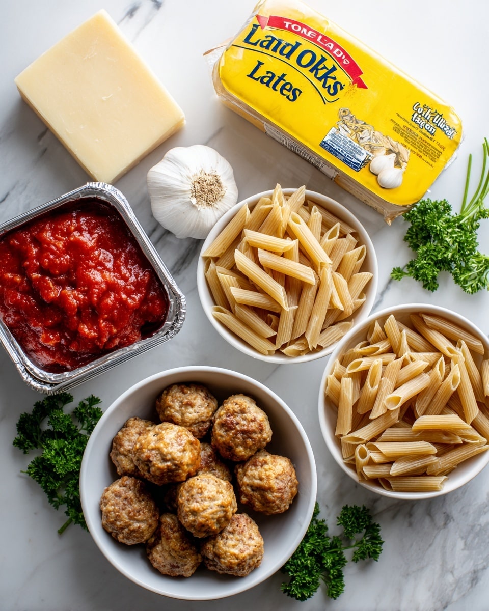 The image shows several cooking ingredients placed on a white marbled surface. At the bottom left, there is a clear white bowl filled with golden-brown meatballs that have a slightly crispy texture. On the right side, a white bowl contains raw whole wheat penne pasta, light brown with visible ridges. Above the pasta, there is a rectangular block of yellow butter in its packaging labeled