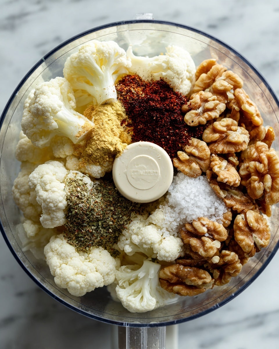 A clear food processor bowl is filled with large white cauliflower florets on the left side, and a large pile of light brown walnuts on the right side. Over the cauliflower and walnuts, there are scattered spices in varying shades of dark red, brown, and green, along with coarse white salt crystals. The bowl is set on a white marbled surface. The photo taken with an iphone --ar 4:5 --v 7