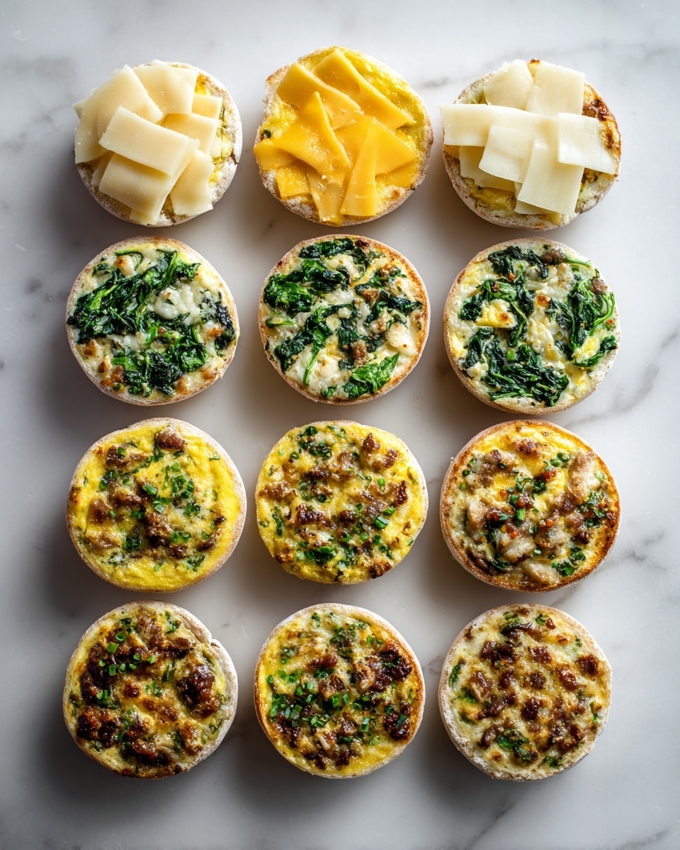 The image shows twelve English muffins arranged in a grid on a white marbled surface. The top and bottom rows display muffins topped with different slices of yellow, white, and marbled cheese pieces layered unevenly. The middle two rows feature muffins topped with cooked egg mixtures that have visible green spinach leaves and bits of browned meat or vegetables, giving a textured and colorful look of yellow, green, and brown on the muffins. The muffins are evenly spaced, showing their soft, slightly toasted texture beneath the toppings. photo taken with an iphone --ar 4:5 --v 7