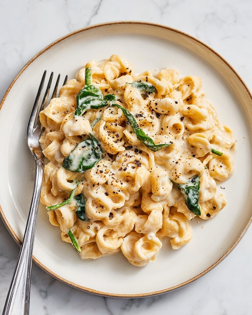 A serving of creamy pasta sits on a white plate with a slight rim. The pasta is thick and curly, light orange in color, coated with a smooth, white creamy sauce that spreads evenly over the noodles. Small dark green spinach leaves are mixed throughout, adding contrast. Tiny black pepper flakes are sprinkled on top, giving a speckled texture to the sauce. The plate rests on a white marbled surface, and a stainless steel fork is placed casually on the side of the plate, slightly out of focus. photo taken with an iphone --ar 4:5 --v 7