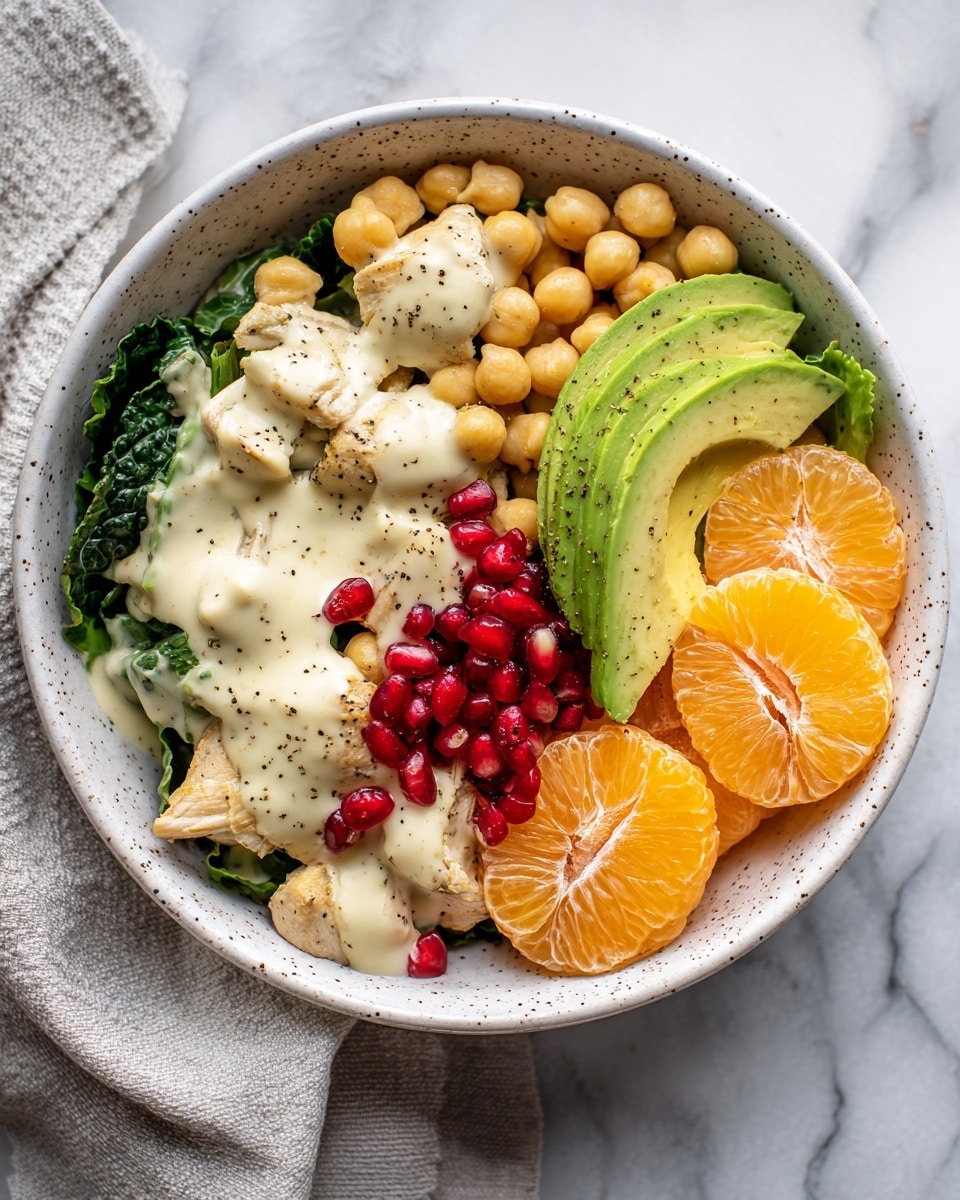 The image shows a white speckled bowl filled with a colorful salad. The base layer has green spinach leaves scattered around. On top, there are round beige chickpeas mixed with small pieces of light brown grilled chicken. Bright red pomegranate seeds are spread evenly, adding vibrant spots of color. On one side, there are fresh slices of reddish-orange citrus fruit, and next to them, slices of avocado with a smooth green texture. A creamy white dressing is being poured over the salad from above by a woman's hand. The bowl is placed on a folded gray cloth on a white marbled surface. photo taken with an iphone --ar 4:5 --v 7