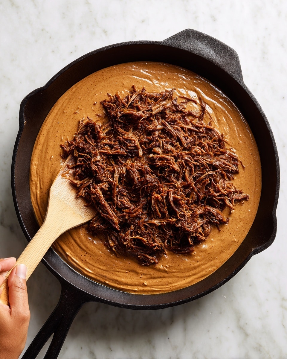 The image shows a black cast iron pan filled with two main layers. The bottom layer is a thick, smooth brown sauce with a creamy texture, covering the entire base of the pan. On top of this sauce lies a generous layer of shredded dark brown meat, which looks tender and fibrous, scattered unevenly but mostly covering the sauce. A woman’s hand is seen holding a light wooden spatula, partially stirring the mixture near the lower left edge of the pan. The pan is placed on a white marbled surface, which adds a clean, bright contrast to the rich colors of the food. Photo taken with an iphone --ar 4:5 --v 7