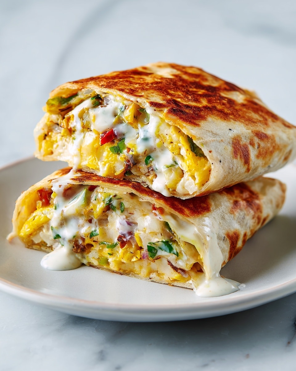 A close-up of a woman's hand holding a partially unwrapped breakfast burrito. The burrito has three visible layers: a soft, light beige tortilla wrapped around a filling of scrambled yellow eggs mixed with small bits of green and orange vegetables, and a layer of dark brown beans lining the inside of the tortilla. The burrito is wrapped in crinkled silver foil. The background shows a blurry kitchen with a white marbled texture surface. Photo taken with an iphone --ar 4:5 --v 7