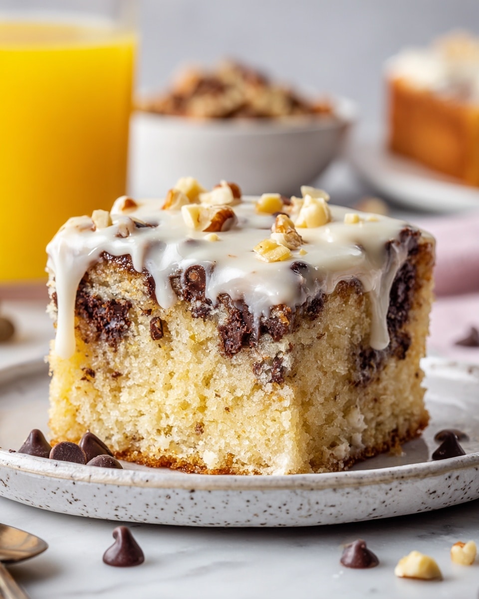 A close-up of a single thick slice of dessert on a white plate with a white marbled surface beneath. The dessert has two main layers: the bottom layer is a moist, golden-brown cake with a soft crumb texture, and the top layer is dark brown with melted chocolate chips and small chunks mixed throughout. The top is covered in a creamy, white glaze that slightly drips down the sides. There are small pieces of chopped nuts scattered on top of the glaze and around the plate along with several chocolate chips. In the background, there is a blurred bowl filled with more chopped nuts and a blurred glass of orange juice. Photo taken with an iphone --ar 4:5 --v 7