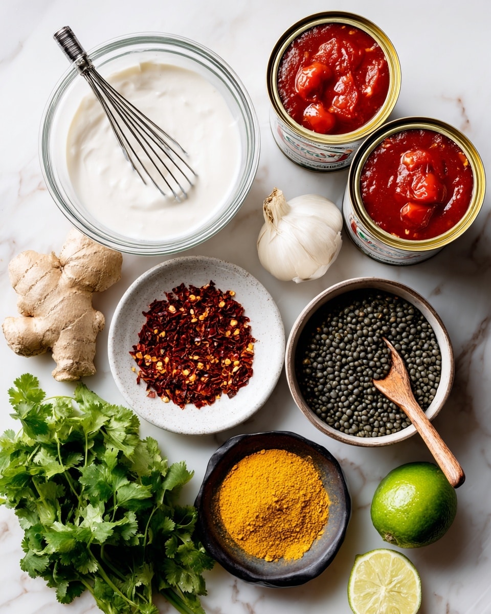 A white marbled surface holds a variety of cooking ingredients arranged neatly: at the top left is a clear glass bowl with a metal whisk inside, filled with a white creamy mixture; next to it on the right are two open cans of whole peeled tomatoes in deep red sauce, both with gold lids resting behind. Below the cans is a small white bowl filled with dried red chili flakes. In the center, a white bowl contains greenish-black lentils with a small wooden scoop resting inside. To the right of the lentils is a small dark bowl filled with bright yellow turmeric powder. Near the bottom left, there is a fresh bunch of green cilantro leaves, a small piece of beige ginger root, a white garlic bulb, and a whole white onion placed close to two halves and one whole green lime. The scene is bright and clean, all items clearly visible with natural light photo taken with an iphone --ar 4:5 --v 7