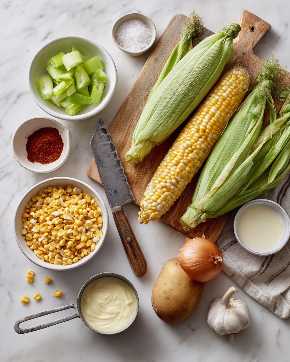A white marbled surface shows a wooden board with three ears of corn partially wrapped in green husks and a large knife with a wooden handle nearby. On the top left, a small white bowl holds chopped celery pieces in light green. Next to it, a white bowl is filled with fresh yellow and white corn kernels. Below the bowl of kernels, a metal measuring cup is filled with yellow split peas. To the right of these, a raw brown potato and a golden-brown onion lie close together. A small white bowl contains red paprika powder, next to a wooden bowl with white salt crystals. A white bowl at the bottom right contains a creamy white liquid. A single garlic bulb with its papery skin intact is present near the onion. photo taken with an iphone --ar 4:5 --v 7