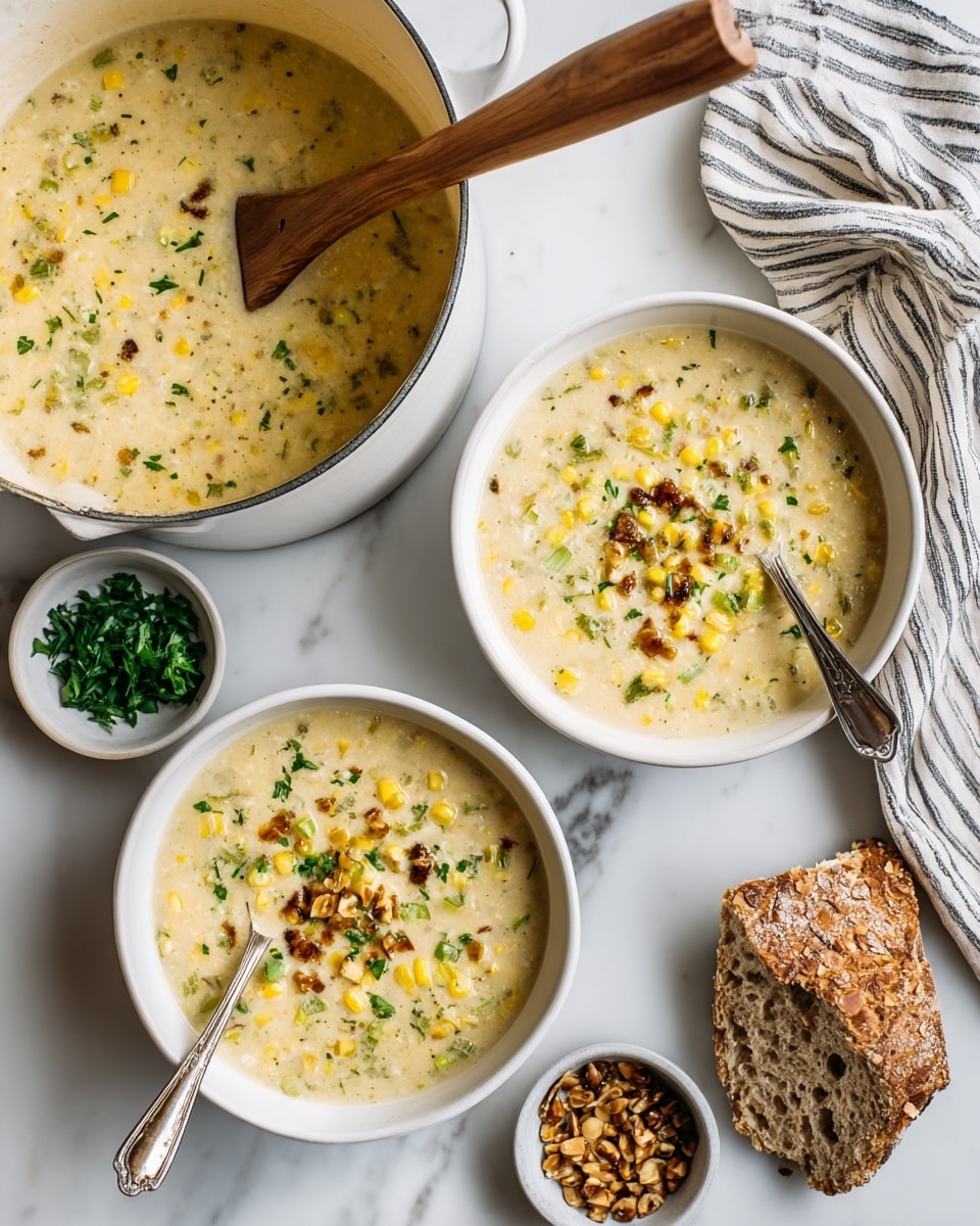 The image shows two white bowls filled with creamy corn soup that has a pale yellow base mixed with visible corn kernels, green herb pieces, and small browned bits on top. Each bowl has a silver spoon resting inside. Above the bowls is a white pot filled with the same soup, with a wooden spoon inside the pot. Next to the bowls are two small dishes: one with chopped green herbs and the other with small browned pieces of food. Near the bottom is a piece of multigrain bread on a white marbled surface. A striped cloth napkin is partly visible near one bowl. The overall setting is neat and bright. photo taken with an iphone --ar 4:5 --v 7