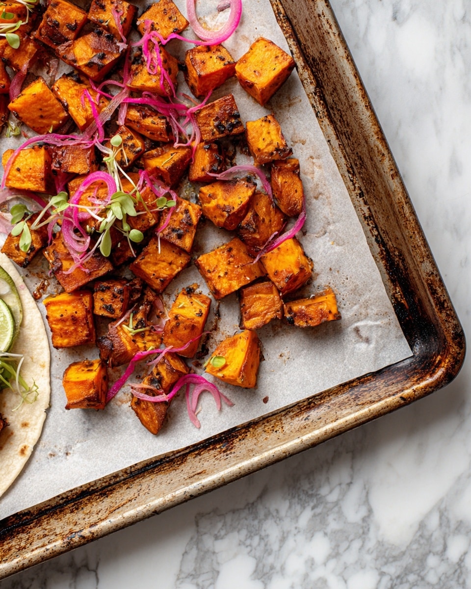 The image shows a baking tray lined with parchment paper placed on a white marbled surface. On the tray, there are scattered pieces of roasted sweet potato chunks with a deep orange color and slightly browned edges. The sweet potatoes vary in shape, mostly rectangular and triangular, with a soft texture visible from some cracks. The tray itself has a worn, rustic metal finish around the edges. In the bottom left corner, there is a partial view of a white tortilla topped with black beans, orange roasted sweet potatoes, thin pink pickled onions, and green sprouts, adding a fresh contrast to the warm tone of the roasted sweet potatoes. photo taken with an iphone --ar 4:5 --v 7