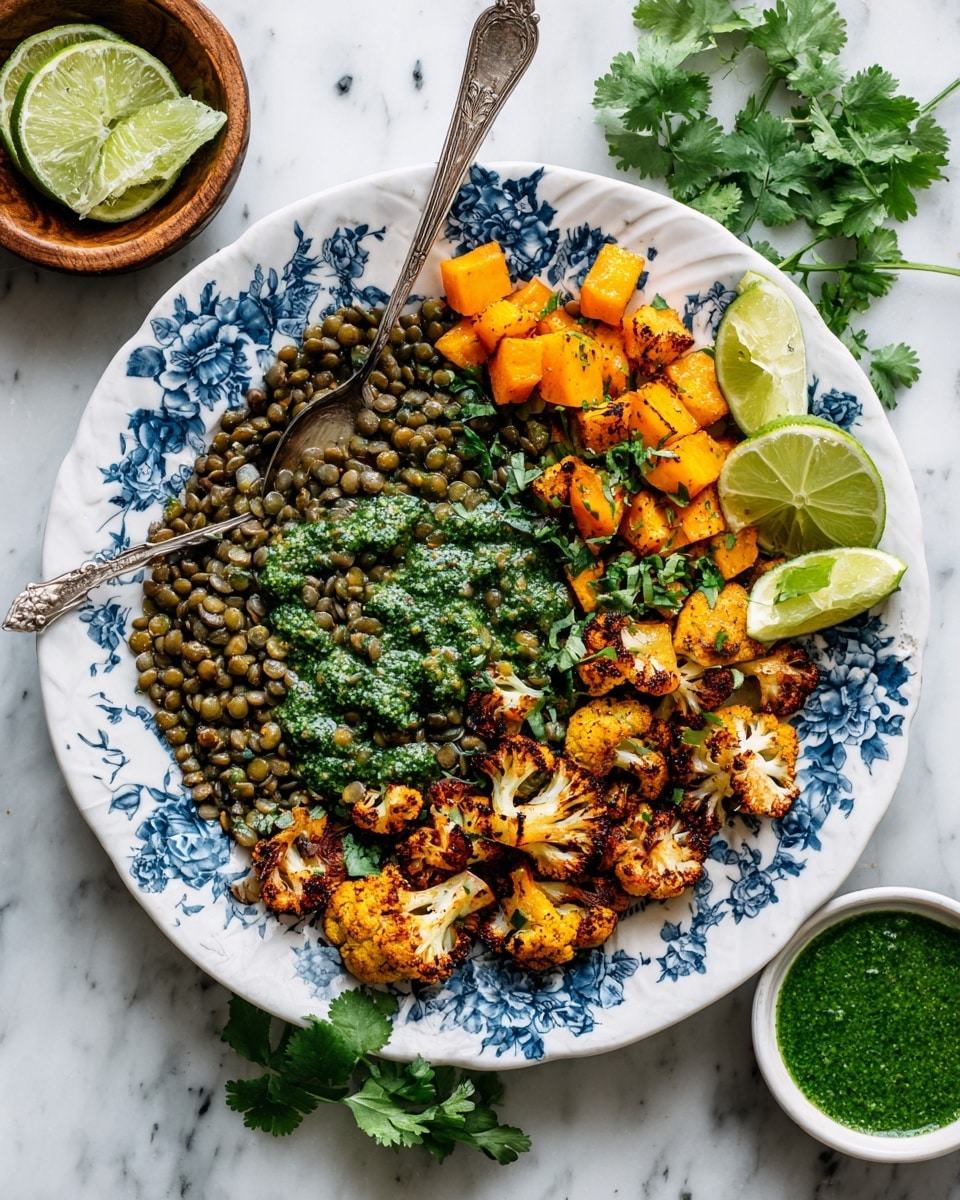 A white plate with blue floral patterns holds a colorful lentil salad. The main layer is green lentils mixed with chopped green herbs, sprinkled evenly over the plate center. On the right side, there are small roasted cauliflower pieces with a golden-brown edge, and cubes of light yellow roasted sweet potatoes. A few fresh green cilantro leaves are placed on top and around the dish. On the right side, two lime wedges rest next to the lentils. A small white bowl filled with green sauce sits on the left side of the plate. Two old silver serving spoons rest on top, one partially scooping the lentils. The dish is set on a white marbled surface with lime slices in a wooden bowl to the upper left corner. Photo taken with an iphone --ar 4:5 --v 7