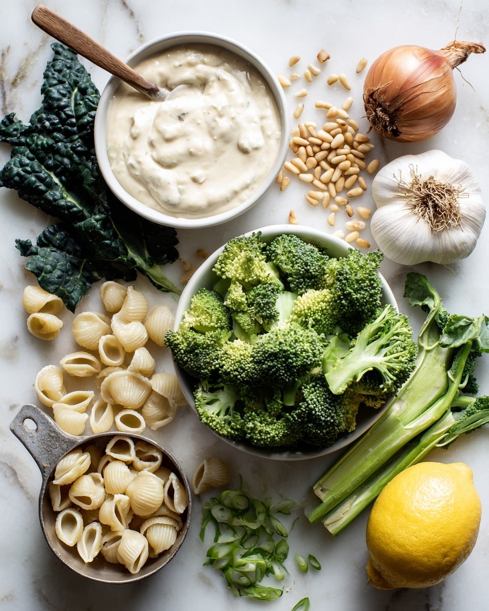 The image shows a variety of fresh ingredients arranged on a white marbled surface. On the top left, there is a white bowl filled with creamy sauce and a wooden spoon resting inside. Below the bowl, there is a whole onion and some dark leafy greens spread out next to it. In the center right, a white bowl is filled with bright green broccoli florets, with more florets scattered around it. To the top right, there is a small pile of pine nuts and a whole garlic bulb. At the bottom center, there is a small measuring cup filled with uncooked shell pasta, and chopped broccoli stems are scattered beside it. At the bottom right corner, a halved lemon is placed with the cut side facing up. photo taken with an iphone --ar 4:5 --v 7