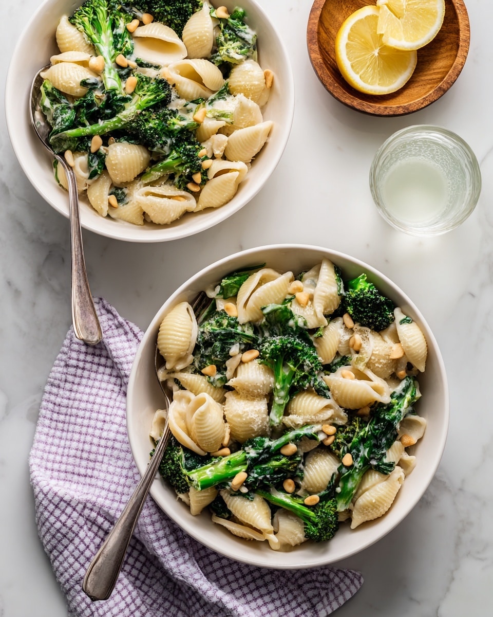 The image shows two white bowls and one large pot of shell pasta mixed with bright green broccoli florets and dark green spinach leaves. The pasta is covered with a smooth, light beige creamy sauce. On top of the pasta in each serving bowl, there are scattered light brown pine nuts adding texture. Each bowl has a silver spoon placed inside it. The setup rests on a white marbled surface, with a white and purple checkered cloth below the bowls. In the top right corner, there is a small wooden bowl with lemon wedges and a glass of white liquid near it. Photo taken with an iphone --ar 4:5 --v 7