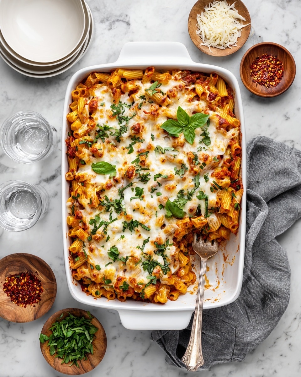 A white rectangular baking dish filled with baked pasta arranged in two main layers: the bottom layer is short tubular pasta mixed with red tomato sauce and scattered green herbs, and the top layer is melted golden-brown cheese covering most of the pasta, garnished with fresh green basil and parsley leaves. A silver serving fork rests inside the dish piercing the pasta. The dish is placed on a white marbled surface, surrounded by small white plates and wooden bowls holding red chili flakes, shredded white cheese, and chopped green herbs. Two glasses of water and a gray cloth napkin are also visible nearby. Photo taken with an iphone --ar 4:5 --v 7