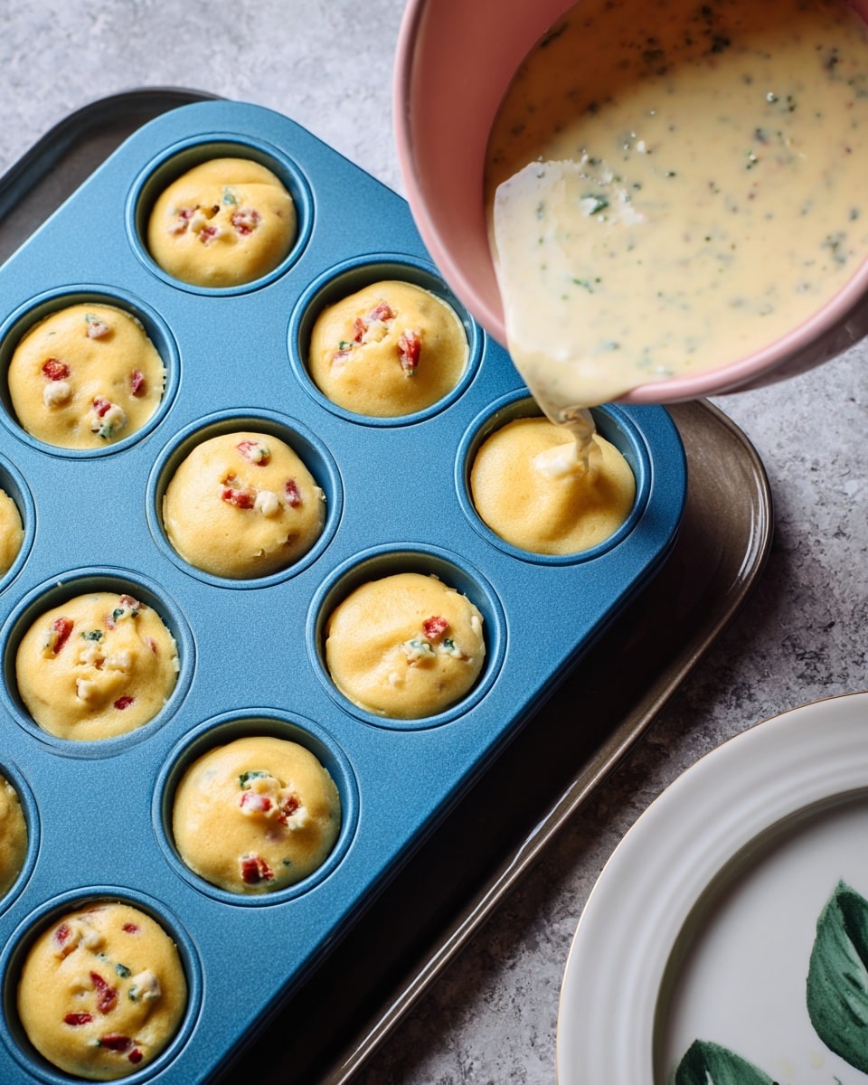 A close-up view showing a blue silicone muffin tray filled with unbaked mini quiches. Each cup contains a light yellow dough base with small bits of red and white topping visible on the surface. Above the tray, a pink bowl with green specks in a creamy mixture is held, ready to pour. The tray sits on a dark metal surface with a white marbled texture surface nearby and a white plate with a green leaf design partially visible to the right. Photo taken with an iphone --ar 4:5 --v 7