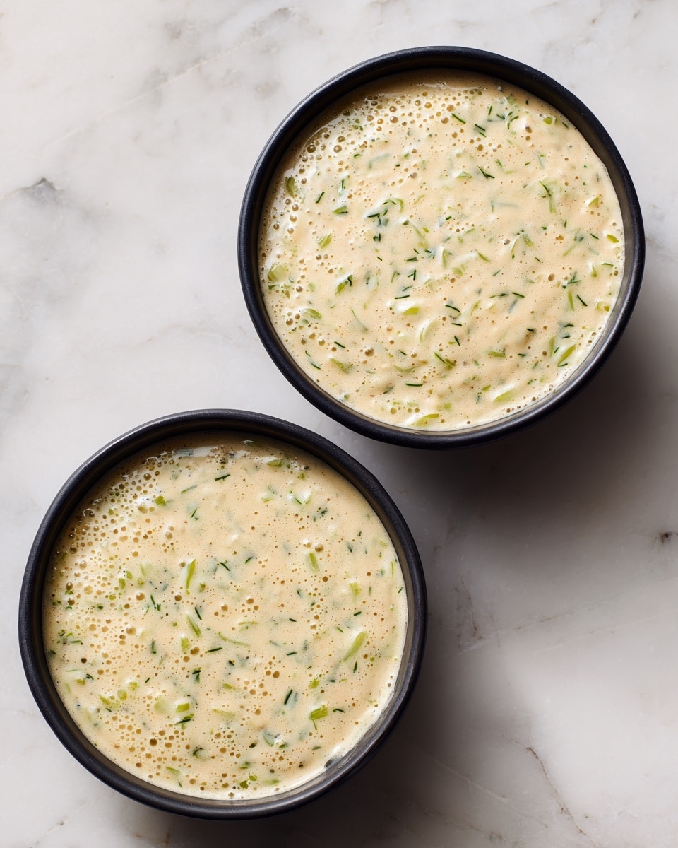 Two black bowls are filled with a thick mixture showing small white noodle-like strands and green bits evenly spread inside a smooth, light brown batter that has small bubbles on the surface. The bowls sit on a white marbled surface with a subtle shine, and the texture of the batter looks creamy and lightly speckled. The bowls are close to each other, with one at the top left and the other at the bottom right of the image, both captured from above. photo taken with an iphone --ar 4:5 --v 7