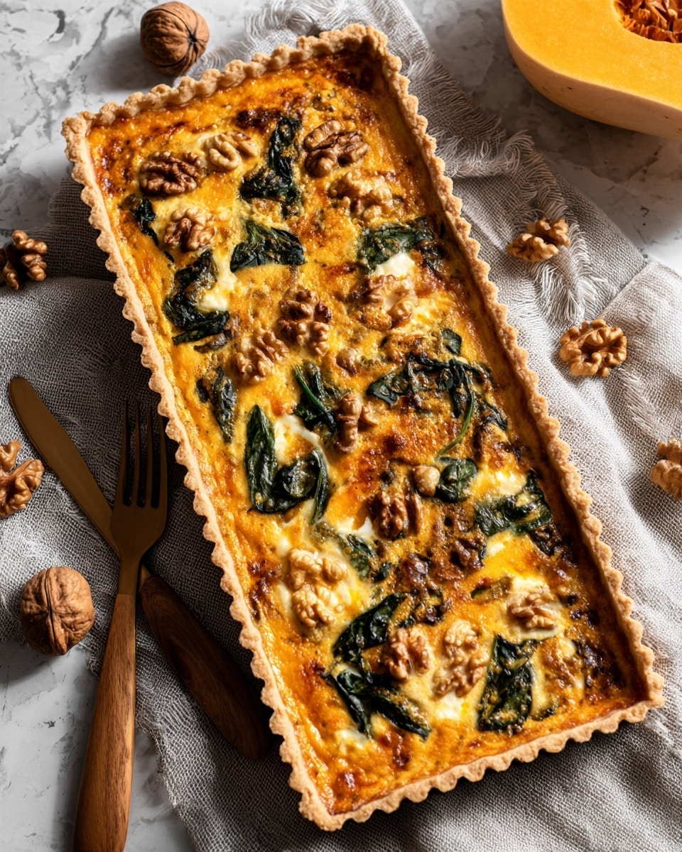 A rectangular tart sits on a light gray textured cloth over a white marbled surface. The tart has a pale golden crust with a scalloped edge. The filling is bright orange with some darker spots, topped with scattered dark green spinach leaves and whole walnut halves. A wooden fork and knife rest crossed on the left side of the tart. Around the tart on the surface are several walnut pieces and a butternut squash in the top right corner. The lighting is natural and soft, highlighting the textures of the tart and toppings. photo taken with an iphone --ar 4:5 --v 7