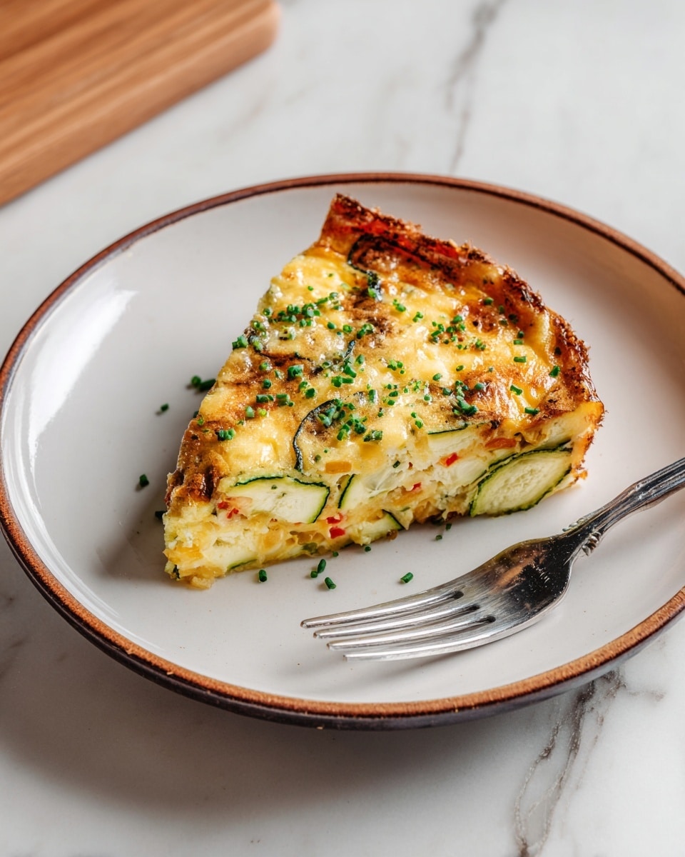 A single slice of layered egg dish sits on a round white plate with a thin brown rim. The slice shows three main layers: the bottom layer is thick and light yellow with visible pieces of green zucchini, the middle layer is a lighter yellow with small red bell pepper chunks, and the top layer is golden with melted cheese sprinkled with finely chopped green herbs. The texture looks soft and fluffy. A silver fork rests on the plate to the right of the slice. The background surface is white marble with a wooden table partially visible. photo taken with an iphone --ar 4:5 --v 7