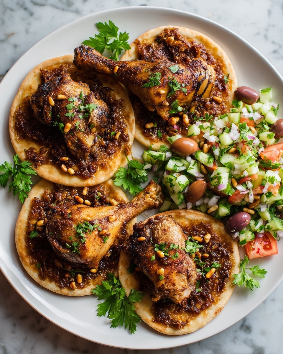 The dish shows a round, slightly charred flatbread as the base, topped with a layer of small brown cooked onions mixed with pine nuts scattered on top. On the right center of the flatbread, there is a single, thick piece of browned meat with a crispy edge. To the left of the flatbread, there is a colorful salad made of chopped red tomatoes, green cucumbers, and finely chopped green herbs, piled in a small mound. Above the flatbread, a few green and brown olives are placed. The food is served on a white plate with a textured surface, which rests on a white marbled surface. A silver fork lies on the left side of the plate, partially touching the salad. Photo taken with an iphone --ar 4:5 --v 7