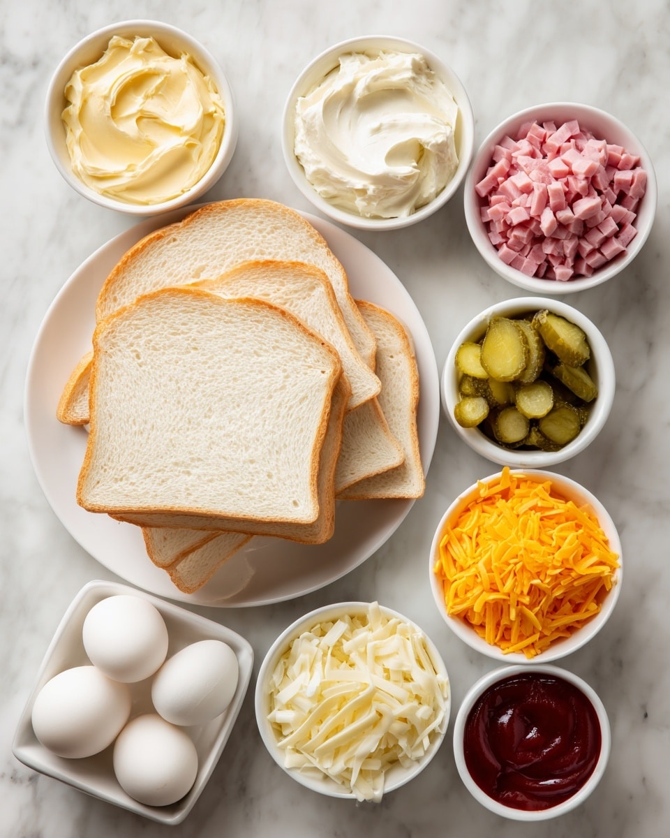 The image shows a flat lay of sandwich ingredients on a white marbled surface. At the center, there is a white plate holding a stack of plain white sandwich bread slices, arranged overlapping each other. Surrounding the plate are seven white bowls containing different items: top left has a creamy pale yellow spread, top center has a thick white creamy spread, top right shows finely diced pink cooked meat; to the right center are small pickles and chopped green pickles; bottom right holds bright orange shredded cheese; bottom center has finely shredded white cheese; bottom left contains chopped boiled eggs with two whole boiled eggs on top in a white square bowl. A small round white bowl with dark red ketchup is at the bottom near the cheeses. photo taken with an iphone --ar 4:5 --v 7